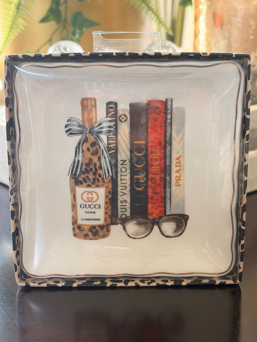 Fashion Leopard Champagne Bottle and books Decorative Tray /Trinket 5” x 5”- NIB